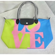 100% Genuine longchamp Le Pliage x Robert Indiana Shopping bag M size Canvas Womens shoulder bag handbag- L2605BBI018 Pink color