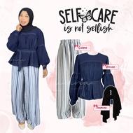 One Set Trendy Korean Style 3in1Wanita Denim Jeanswest Crop Blouse + Premium Rayon Hommy Pants + Pre