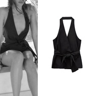 Zara Black Shirt Design Feel Niche French Halter Halter Neck Collar Silk Top 4661007