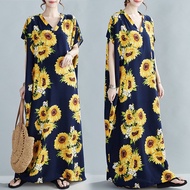 Sunflower Kaftan Viral Plus Size Linen Cotton Terengganu Baju Kelawar Tidur Viral Batik Print v neck Long Dress