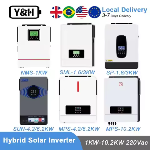 Y&H 1000W 1800W Hybrid Solar Inverter 12V 24V 48V 230V Off-Grid 4.2KW 6.2KW 10.2KW Pure Sine Wave MP