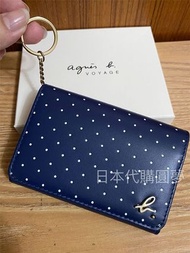 全新 agnes b. 深藍色 藍色 點點 草寫 牛皮 扣式 零錢包 信用卡夾 名片夾 鑰匙包 保證真品 正品 日本限定 特價