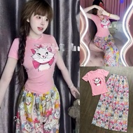 Beautiful Cat Short-Sleeved Crochet Top Set + Kitty Cat Printed Wide-Leg Pants - Women Women Top