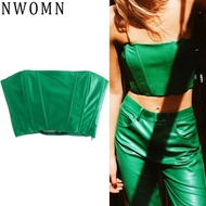 NWOMN Za Top Women Green Crop Top Female Faux Leather Corset Off Shoulder Sexy Ruched Tube Woman Tank Tops Backless Bustier Tops
