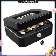 Locking Cash Safe Box with Key Lock, Money Box with Removable Coin Tray, Portable Metal Cash Box wit