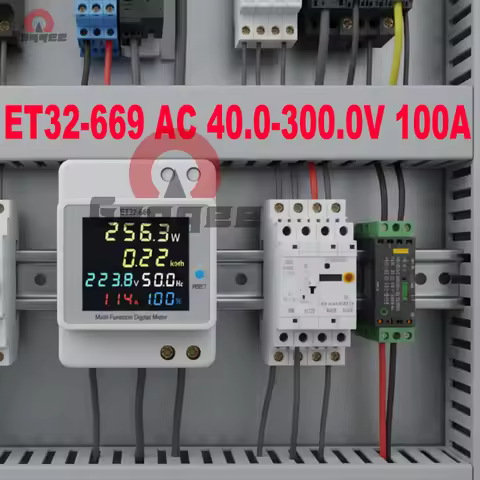 ET32-669 Din Rail Energy Meter AC 40-300V 100A Multifunction Power Monitor with Color Display for Si