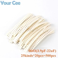 500pcs 0603 3.9pF-22uF SMD Capacitor Assorted Sample Kit Electronic Components Diy 25 Values*20pcs=5