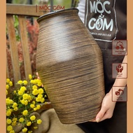 Bat Trang rustic glazed brown ceramic vase with peach blossoms, apricot blossoms, and plum blossoms 