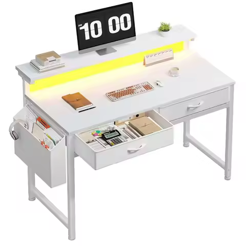 Computer Desk with 2 Drawers amp LED Lights,31Inch Home Office Desks with Side Pocket and Monitor St