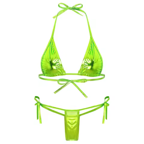 Womens Brazilian Micro Bikini Swimsuit Biquini Set Lacing Non-Padded Triangle Cup Bra Top with G-Str
