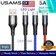 USAMS U27 Type C 5A LED Flash Charge Data Sync Nylon Braided Charging Huawei Oppo Xiaomi Cable 1.2m