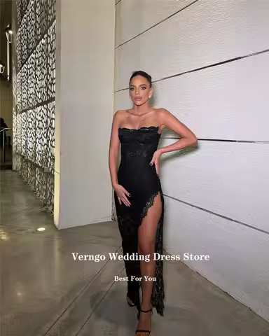 Verngo Black Strapless Lace Evening Dresses Split Arabic Dubai Night Party Formal Prom Gowns Night E