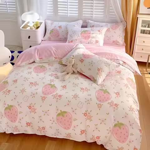 3 pieces of soothing and cute pink bubble girlish cream strawberry (1 duvet cover +2 pillowcases, wi