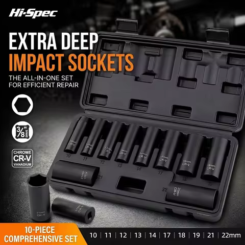 Hi-Spec 10PCS 3/8 Inch Drive Extra Deep Impact Socket Set CR-V Long Deep Hole Socket 10-22mm Auto Re