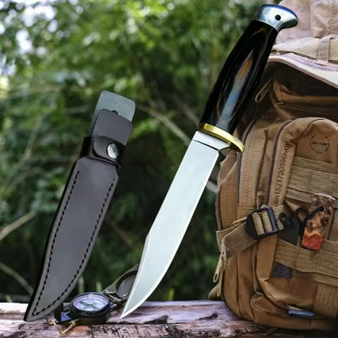 Japanese 9CR18MOV outdoor straight knife, North American hunting knife, ebony one-piece steel knife,