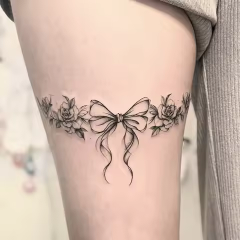 Elegant Bow Floral Wrap with Wing Succubus Temporary Tattoo Sticker, Realistic Body Art for Leg Wais