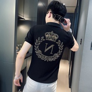 Internet Celebrity Rhinestone Short-Sleeved T-shirt Men's Korean-Style Slim-Fit Fashionable Smart Guy Summer Fashion Brand Lapel Half Sleeve Polo Shirt