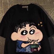 Kaos Katun Retro Jepang Shin-chan Ais Krim, Unisex Oversize Gaya Santai Musim Panas