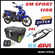 (SM SPORT 110R) GS 36L Top Box Motor Kotak Petak+GIVI/RAPIDO Monorack Tapak Motorcycle Accessories