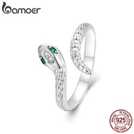 Bamoer แหวน925เงินสเตอร์ลิงปรับได้แหวนงูชุบทองคำขาวชุบเพทายสีเขียวย้อนยุคเครื่องประดับแฟชั่น