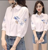 Áo sơ mi nữ công sở Gloria Shop Áo sơ mi tay lửng thêu chim xanh bassic thời trang trang chất liệu L