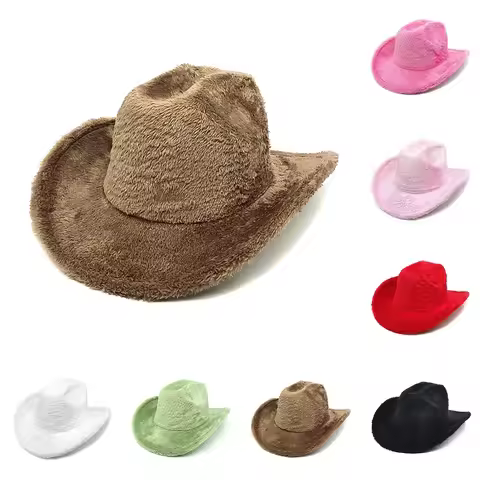 Spring Autumn Fuzzy Top Hat Women Men Fashion Fedora Hat Curved Wide Brim Western Cowboy Hat Retro B