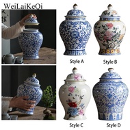 [WeiLaiKeQi] Ginger Jar Ceramic Ginger Jar Vase with Lid Porcelain Jar Decor Bud Vase Chinese Blue W