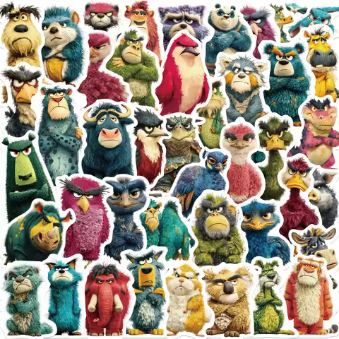 50pcs Grumpy Retro Animal Stickers Lion Elephant Bird PVC Stickers for Laptops, Phone Cases, Guitars