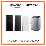 Hitachi R-VG690P7MS - GBK/GGR/GPW 550L Top Freezer Fridge + Hitachi SF-100XAV 10kg Top Load with Glass Top Washing Machi