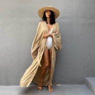 2025 Trộn Màu Bikini Áo Kaftan Nữ Boho Đầm Maxi Kèm Thắt Lưng Chất Liệu Bông Nhân Tạo Áo Dáng Dài Đi
