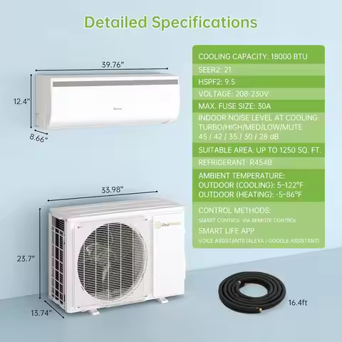 18000 BTU Mini Split AC Heater,21 SEER2, 208-230V Inverter | Cools & Heats Up to 1200 Sq.Ft, WiFi & 
