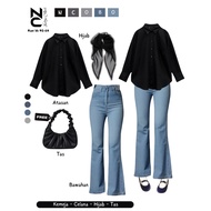 KEMEJA Women's Fashionable OOTD Oneset (black shirt + cutbray jeans + bella square hijab) NC080