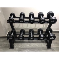 Rubber-coated dumbbells with steel handles from 2.5kg - 10kg, compact and sturdy dumbbells