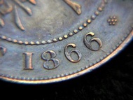 香港維多利亞銅幣-1866年香港一仙銅幣(英女皇維多利亞歌德式肖像,好品)