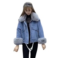 Winter Women Denim Jacket Faux Fur Trim Long Sleeves Thick Plush Lined Pockets Cold-proof Mid Length