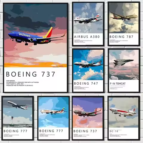 Canvas Painting Air Force Boeing 737/777/787 Airbus A380 Aircraft Wall Poster for Living Room Wall A