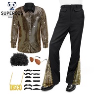 Men 60 70s Disco Dazzler Costume Retro Long Sleeve Shirt Metallic Hippie Old School Dress Up Set