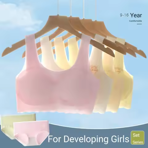 Girls Bra Panty Set Non-Marking Latex Pads Student Developmental Big Kid Non-Marking Vest Teenage Br