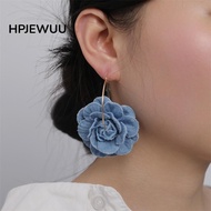 HPJEWUU Denim Blue Fabric Earrings, Ornament Denims Blue Rose Earrings,  Exaggerate Handmade Flower 