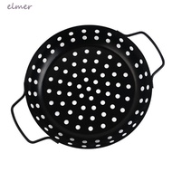 ELMER BBQ Grill Tray, Carbon Steel Perforated Veggie Roasting Pan, Multifunction Round Handle Non Stick Circular Plate Baking