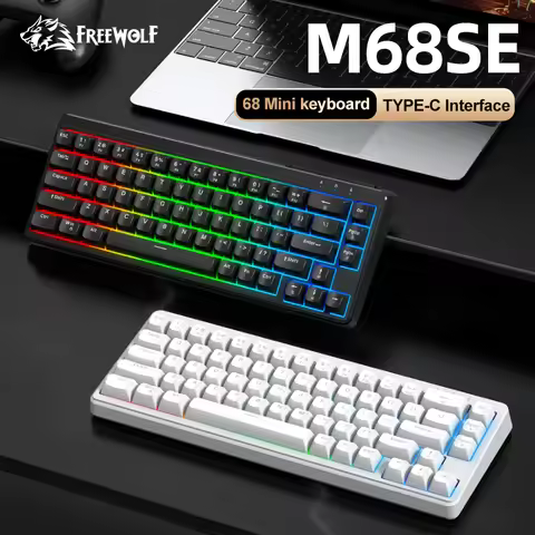 FREEWOLF M68SE 68% Mini Wired Keyboard RGB Backlit Silent Mechanical Feel Type-C Detachable Cable fo