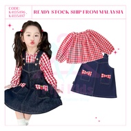 Set Gaun Budak Perempuan Biru Kain Petak & Apron Denim 2-8 Tahun (Girls Kids Top & Denim Apron Dress