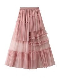 Women´s Summer Solid Color Sheer Flowy Long Mesh Skirt