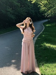 法式斜露肩荷葉邊小衫氛圍感上衣闊腿褲套裝女夏季顯瘦垂感兩件套-粉色上衣+粉色褲子 S-款式2