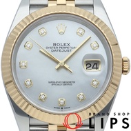 二手勞力士 Datejust 41 男士腕錶，五珠鏈，10 鑽，貝殼紋錶盤，Datejust 41 126333NG，附帶保固卡，18K 黃金/不銹鋼錶殼，白色錶殼，拋光處理，成色極佳