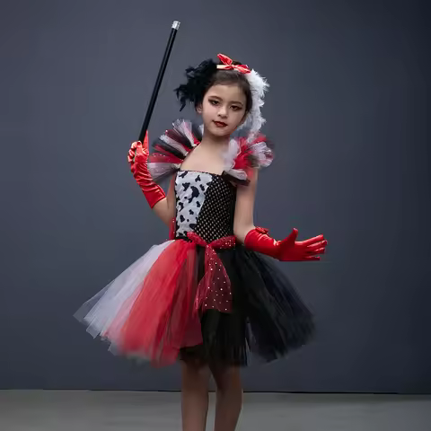 Girl Cruella Deville Tutu Dress for 101 Dalmatians Villain Halloween Costume Kids Vintage Polka Dots