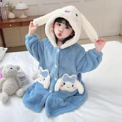 Sanrio Hello Kitty Girls Pajamas Flannel Homewear Kawaii Cinnamoroll Autumn Winter Kids Loungewear N