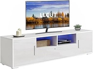 LECUT TV Stand with LED Lights, 3 Hidden Storage Compartments&amp;2 Open Shelves High Gloss Entertainment Center Media Console Table Storage Desk for Up to 65 Inch TV, White