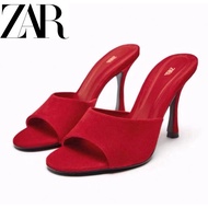 Zara's Women's Shoes Suede Texture High-Heeled Mules High-Value Red Fashion Sandals Women136411013641
