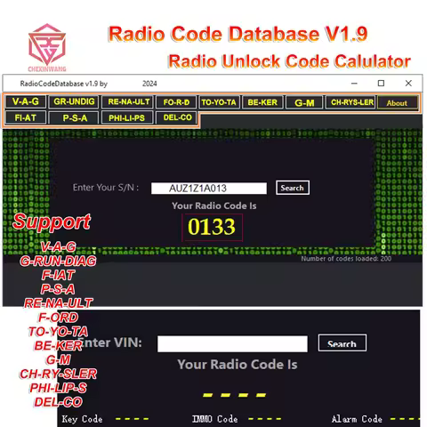 Radio Code Database V1.9 Radio Unlock Code Calulator Code New Add for PSA for Fiat for Audi for Toyo